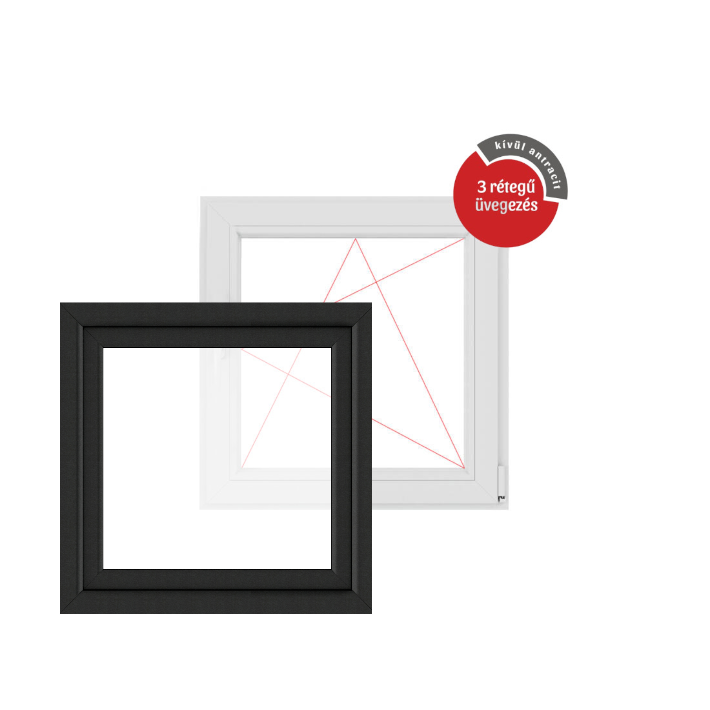 90x90 cm műanyag bukó-nyíló ablak, jobbos, kívül antracit